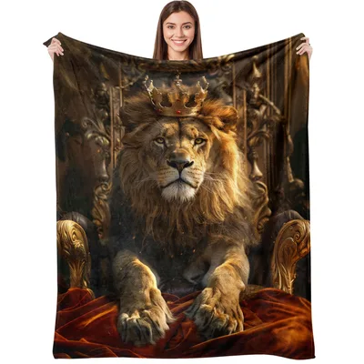 Regal Lion with Crown Blanket: Majestic King on a Throw