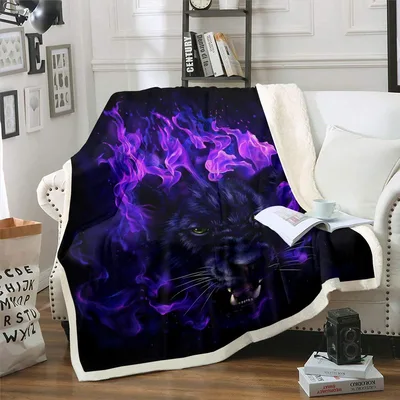 Panther with Blue Flames Blanket: Fierce Black Cat Art Design
