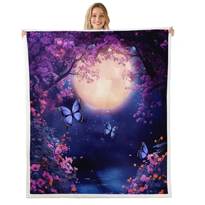 Moon Night Butterfly Forest Blanket featuring a glowing full moon