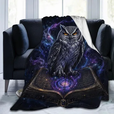Owl Galaxy Open Book Blanket: Mystical Owl Perched on Cosmic Spellbook