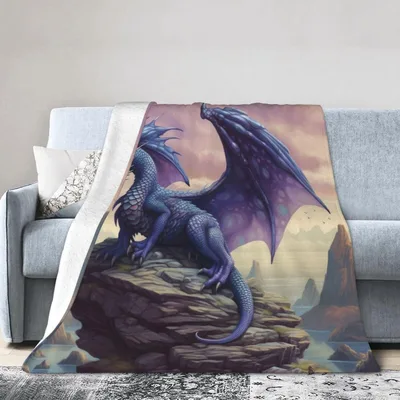 Purple Dragon on Cliff Blanket: Fantasy Art for Dragons Lovers
