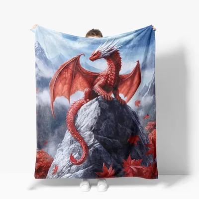 Red Dragon on Rock Blanket: Majestic Creature Perched on Mountain Peak