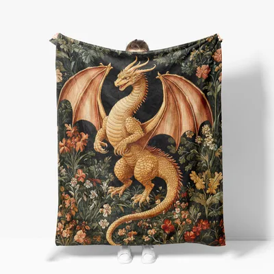 Golden Dragon Among Flowers Blanket: Fantasy Art with Floral Tapestry