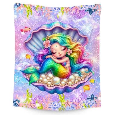 Mermaid in Pearl Shell Blanket: Rainbow Hair Sleeping in Oyster