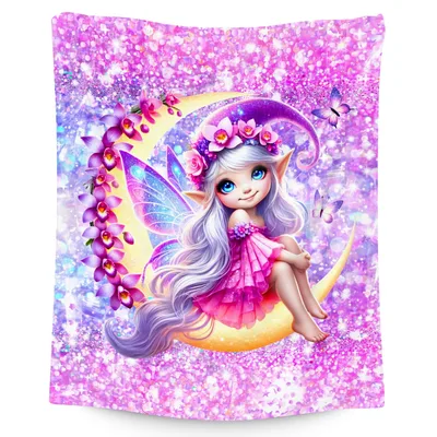 Fairy Sitting on Crescent Blanket: Whimsical Moon Fairy Design