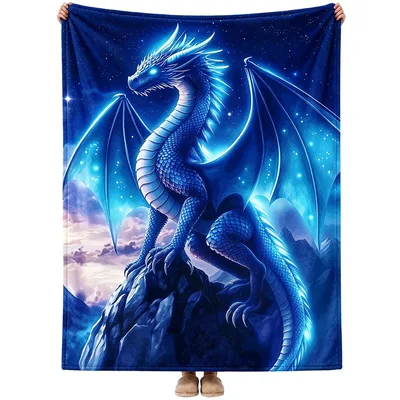 Blue Dragon Perched Blanket: Glowing Fantasy Art for Dreamers