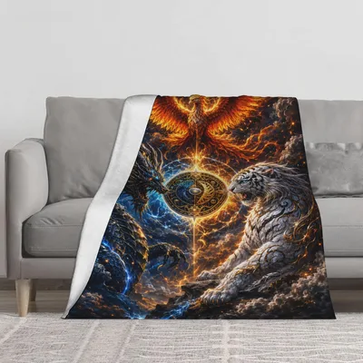 Dragon Tiger and Phoenix Blanket: Mythical Fantasy Art Design