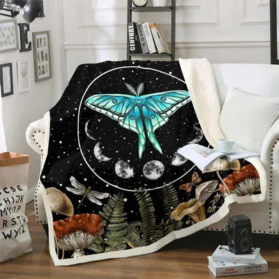 Luna Moth Moon Mushrooms Blanket: Fantasy Art for Nature Lovers