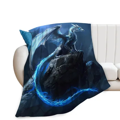 Blue Dragon Perched on Rock Blanket: Fantasy Art for Cozy Nights