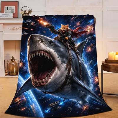 Space Shark Galaxy Adventure Blanket: Cat Warrior on Space Shark