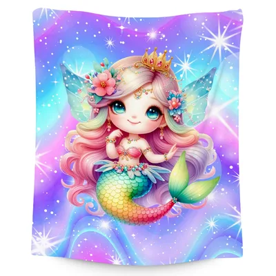 Mermaid Girl with Flowers Blanket featuring a cute chibi mermaid