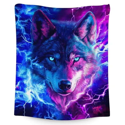 Blue Eyed Wolf Blanket: Neon Lightning Art for Fantasy Fans