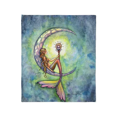 Mermaid Sitting on Moon Blanket: Fantasy Art with a Crescent and Staff