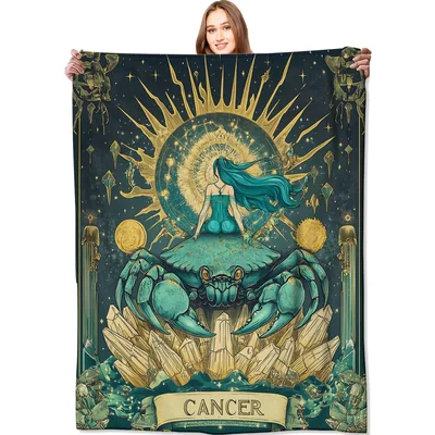 Cancer Zodiac Crab Constellation Blanket: Mystical Teal and Gold Art