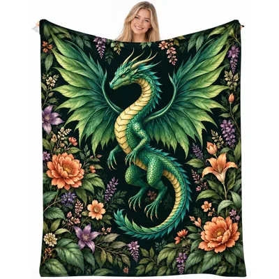 Green Dragon with Flowers Blanket