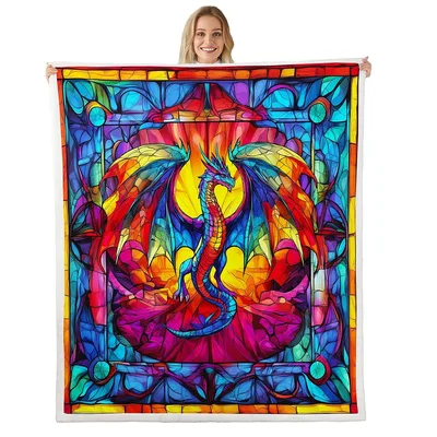 Colorful Stained Glass Dragon Blanket: A Vibrant Fantasy Art Piece