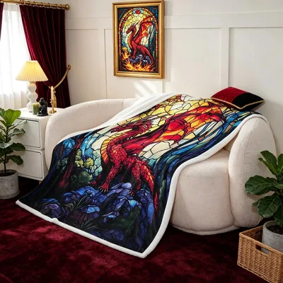 Stained Glass Dragon Artwork Blanket featuring a red dragon