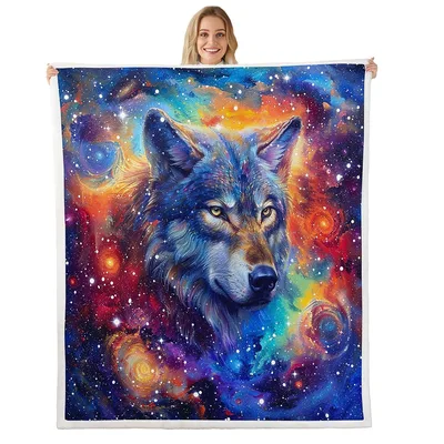 Galaxy Wolf Portrait Blanket: Cosmic Canine Art for Space Lovers