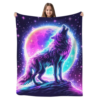 Galaxy Wolf Howling Moon Blanket: Neon Wolf on Starry Night Sky
