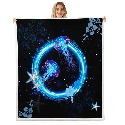 Glowing Neon Jellyfish Ring Blanket: Bioluminescent Ocean Art