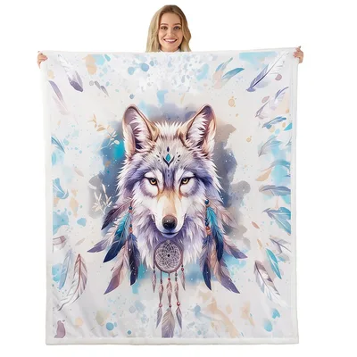 Wolf Dreamcatcher Watercolor Blanket featuring a spiritual wolf head