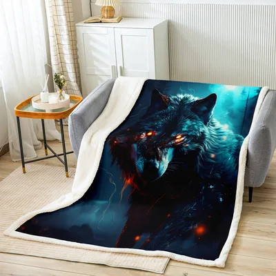Wolf Glowing Eyes Portrait Blanket: Dark Fantasy Wolf Art