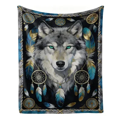 Grey Wolf with Dreamcatcher Blanket: Tribal Art and Turquoise Eyes