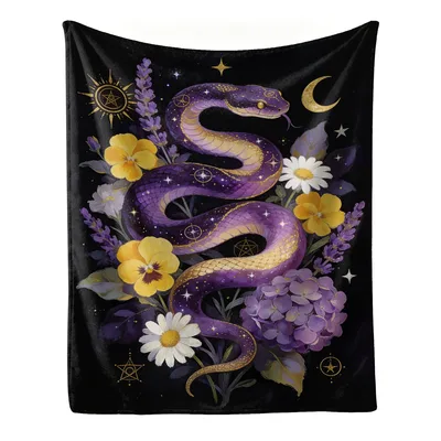 Mystical Snake with Flowers Blanket: Celestial Reptile Art