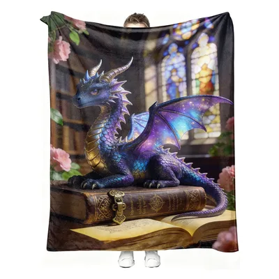 Dragon Guarding Spellbook Blanket: Fantasy Art for Book Lovers