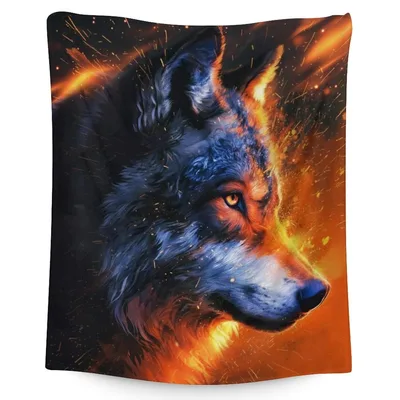 Blue Wolf in Fire Blanket: Fiery Fantasy Art for Your Couch