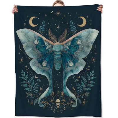 Luna Moth Celestial Botanical Blanket: Mystical Moth and Moon Design