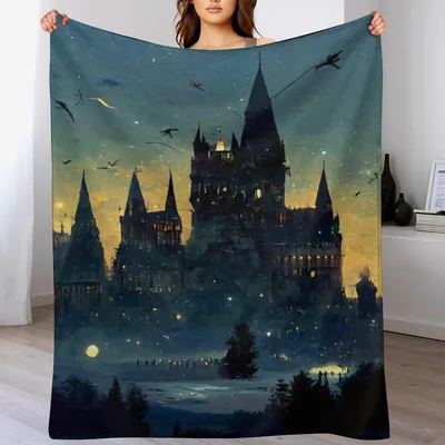 Wizard Castle Night Scene Blanket: A Dark Fantasy Fortress Under Stars