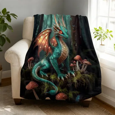 Forest Dragon on Mushrooms Blanket featuring a teal dragon