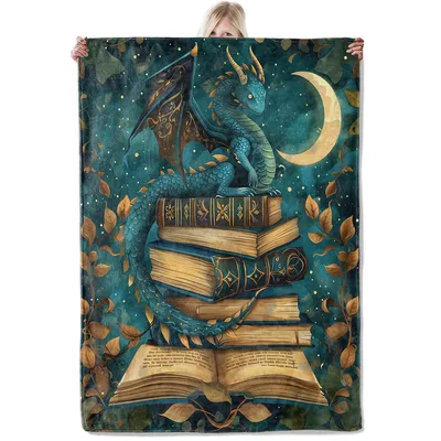 Dragon Curled on Spellbooks Blanket featuring a teal dragon resting