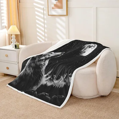Wolf Howling at Moon Blanket: A Monochrome Night Scene