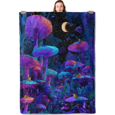Glowing Mushroom Forest Night Blanket: Enchanted Purple Fungi Design