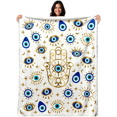 Evil Eye Hamsa Pattern Blanket with Golden Hand and Blue Eyes