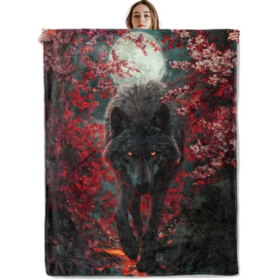 Wolf Under Full Moon Blanket: A Mysterious Black Wolf and Red Flowers