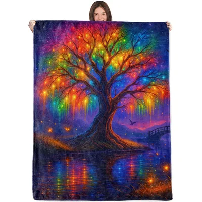 Rainbow Fantasy Tree Blanket: Glowing Night Scene Art