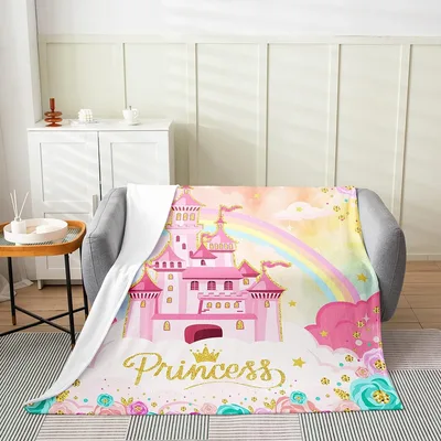 Princess Castle Rainbow Fantasy Blanket featuring a pink castle