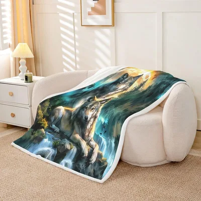 Wolf Mountain Moon Blanket: Fantasy Wolf Art for Nature Lovers