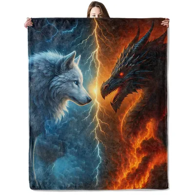 Wolf and Dragon Fantasy Blanket: Epic Duel Art for Cozy Nights