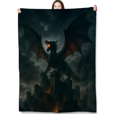 Dragon Castle Dark Fantasy Blanket: A Roaring Dragon Over Ruins