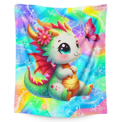 Cute Baby Dragon with Flower Blanket: Rainbow Fantasy Art for Kids