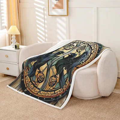 Viking Raven Rune Design Blanket featuring a dark raven
