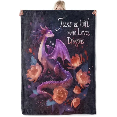 Just a Girl Blanket: Purple Fantasy Dragon with Floral Art