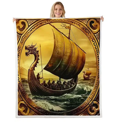 Viking Longship on Golden Blanket: Norse Ship Art Design