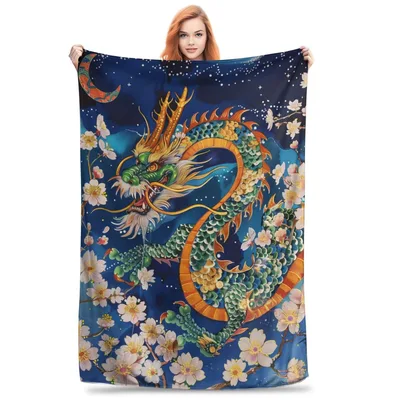 Golden Dragon Among Blossoms Blanket