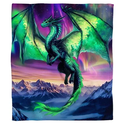 Green Dragon Under Aurora Blanket: Fantasy Art for Cozy Nights