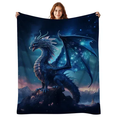 Galaxy Dragon on Rock Blanket: Cosmic Blue Fantasy Art for Sleep
